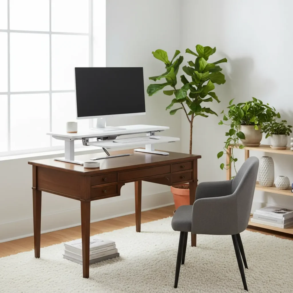 Zit-sta bureau verhoger met monitor in de sta-stand op een ergonomische thuiswerkplek