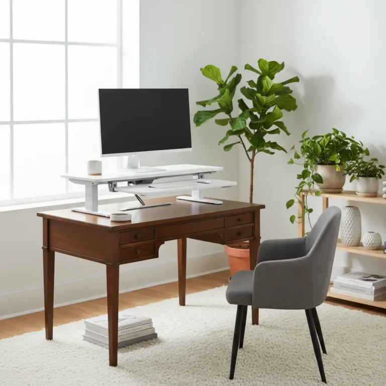 Zit-sta bureau verhoger met monitor in de sta-stand op een ergonomische thuiswerkplek