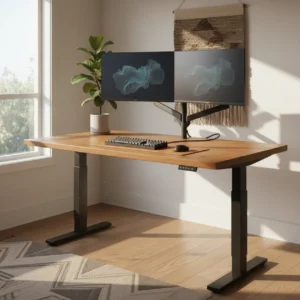 Modern DIY zit-sta bureau in een lichte ergonomische thuiswerkplek.