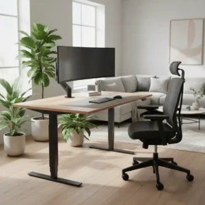 Een stijlvol en ergonomisch ingerichte werkplek met zit-sta bureau en correct afgestelde monitor.