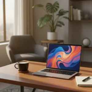 Stijlvolle 16-inch laptop op een thuiswerkbureau, de beste keuze voor 2025.