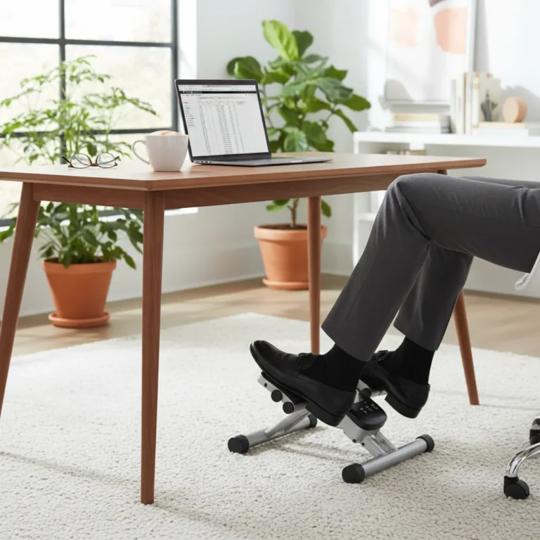 Stamina InStride opvouwbare stoelfiets onder een bureau in een moderne thuiswerkplek