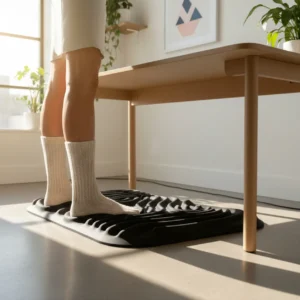 Zwarte Flexispot anti-vermoeidheidsmat met massagepunten onder een sta-bureau.