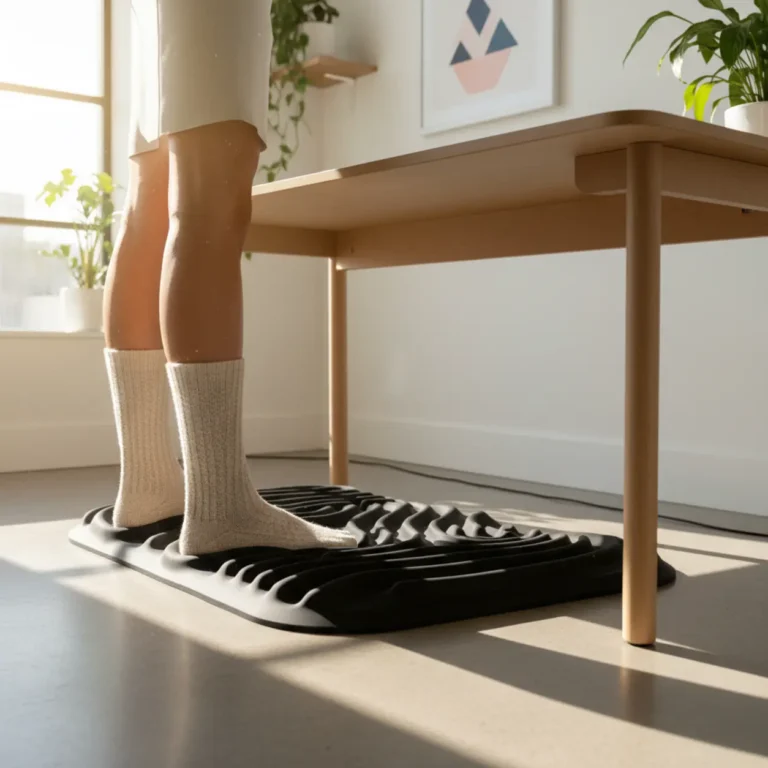 Zwarte Flexispot anti-vermoeidheidsmat met massagepunten onder een sta-bureau.