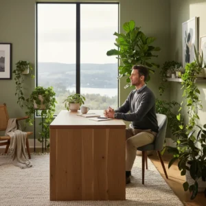 Professional in een rustig thuiskantoor die reflecteert op psychologische veiligheid en werkbalans.