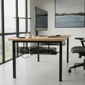 Een opgeruimde ergonomische werkplek met professioneel kabelmanagement en weggewerkte snoeren