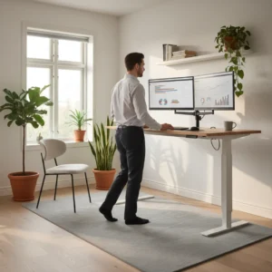 Thuiswerker doet actieve sta-bureau oefeningen voor een ergonomische werkhouding.