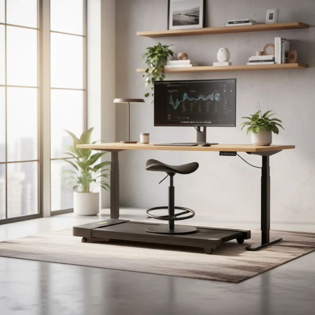iMovR Tempo zit-sta kruk geplaatst op een loopbandbureau voor ergonomisch werken