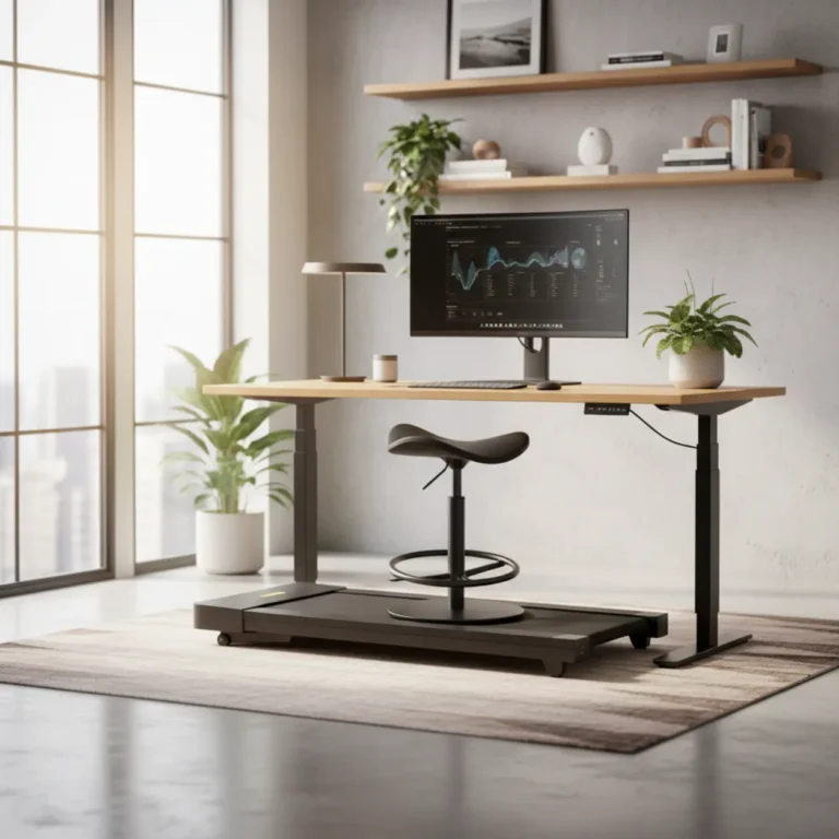 iMovR Tempo zit-sta kruk geplaatst op een loopbandbureau voor ergonomisch werken