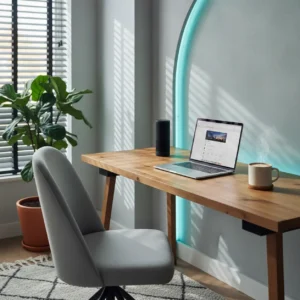 Moderne thuiswerkplek met slimme verlichting en smart speaker voor productief thuiswerken
