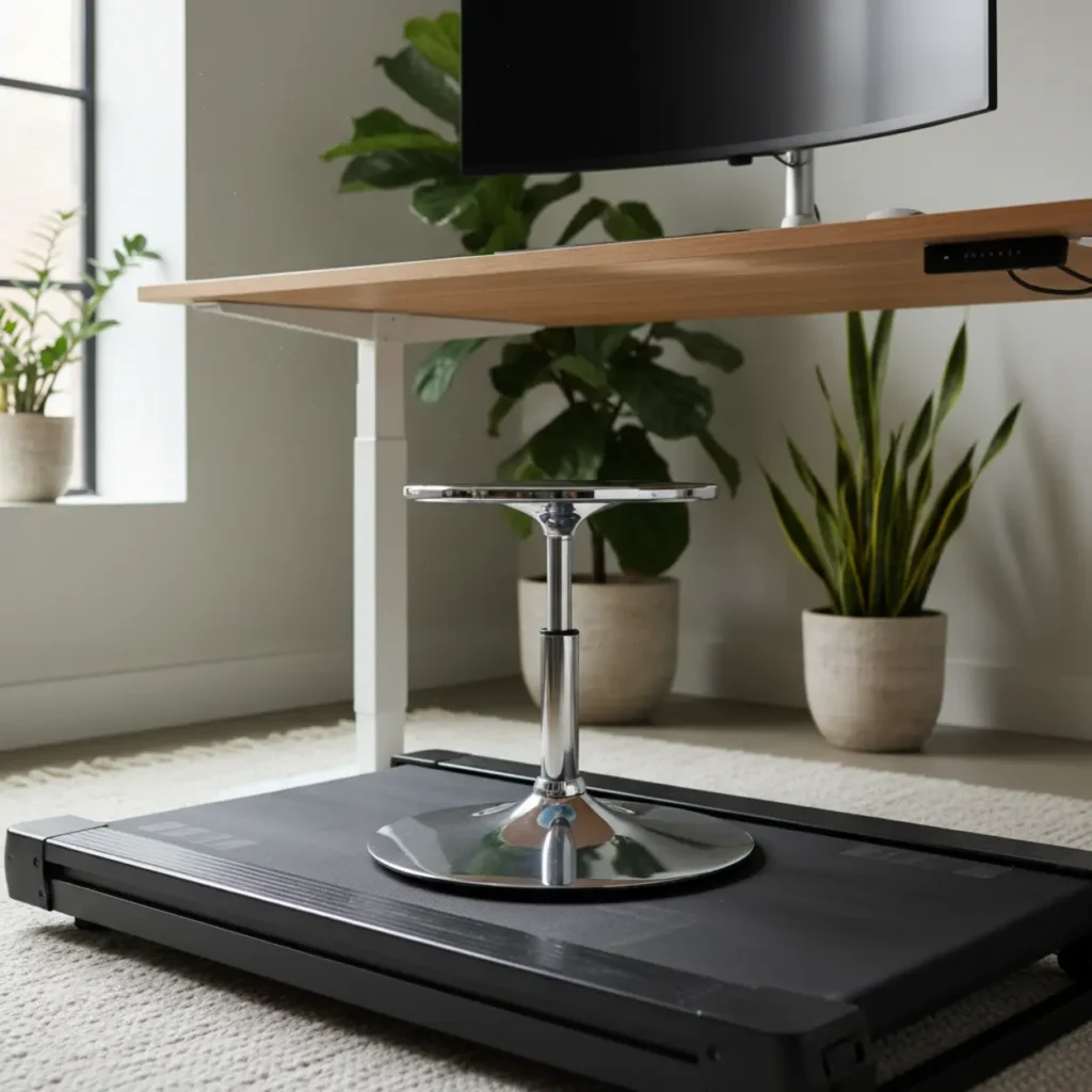 Ergonomische TreadTop stoel met ronde basis op een loopband bureau