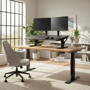 FlexiSpot M2 zit-sta bureau verhoger met twee beeldschermen in een thuiswerkplek.