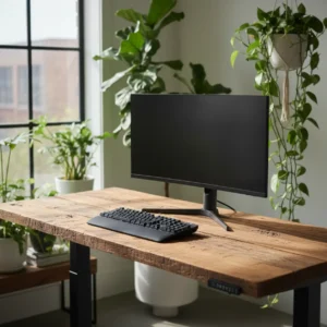 Een rustiek reclaimed wood sta-bureau met zichtbare houtstructuur in een lichte thuiswerkplek
