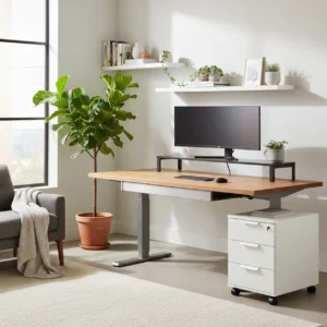 Modern zit-sta bureau met opbergruimte zoals een lade onder het blad en een verrijdbaar ladeblok.