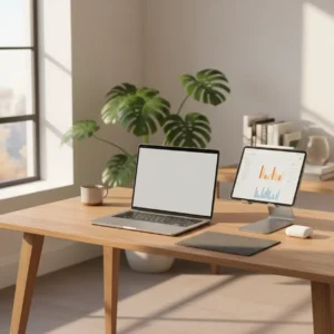 Moderne thuiswerkplek ingericht met de beste Apple upgrades zoals een MacBook en iPad.