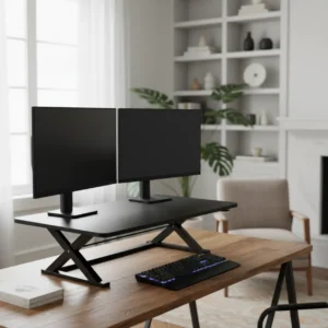 Zwarte X-lift zit-sta verhoger met dubbele monitor op houten bureau in thuiswerkplek.