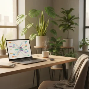 Laptop in moderne thuiswerkplek met abstracte weergave van n8n automation workflows