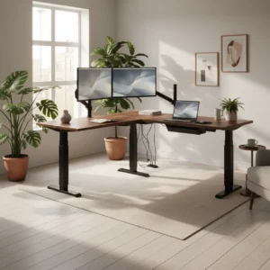 L-vormig zit-sta bureau in een ergonomische hoekopstelling voor thuiswerken