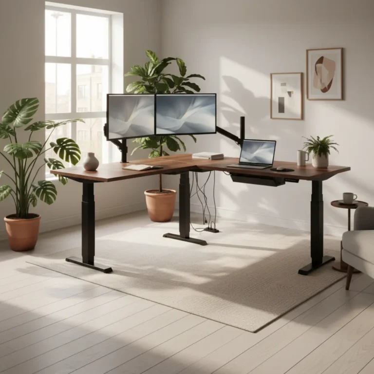 L-vormig zit-sta bureau in een ergonomische hoekopstelling voor thuiswerken