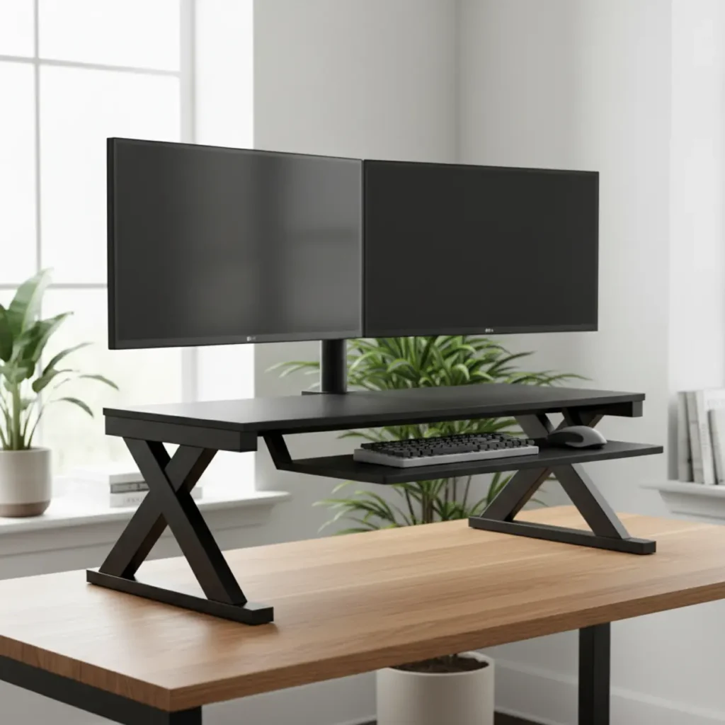 iMovR ZipLift Patriot zit-sta bureau verhoger met dual monitor opstelling in een modern thuiskantoor.