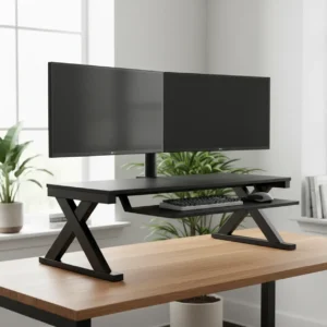 iMovR ZipLift Patriot zit-sta bureau verhoger met dual monitor opstelling in een modern thuiskantoor.