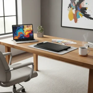 Professionele thuiswerkplek met de beste laptop voor grafisch ontwerp en creatief werk