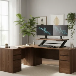 iMovR ZipLift Corner sta-bureau verhoger op een hoekbureau met twee monitoren