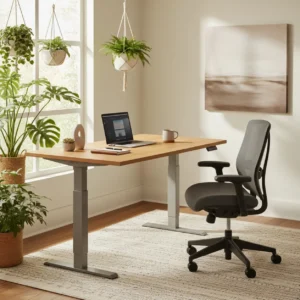 Stijlvolle ergonomische werkplek inrichten met een zit-sta bureau en planten.