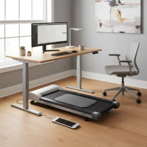 Rebel Treadmill 1000 onder een bureau in een ergonomische thuiswerkplek opstelling.