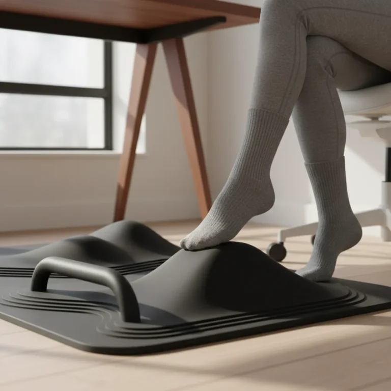 Close-up van de CubeFit TerraMat anti-vermoeidheidsmat in een ergonomisch thuiskantoor