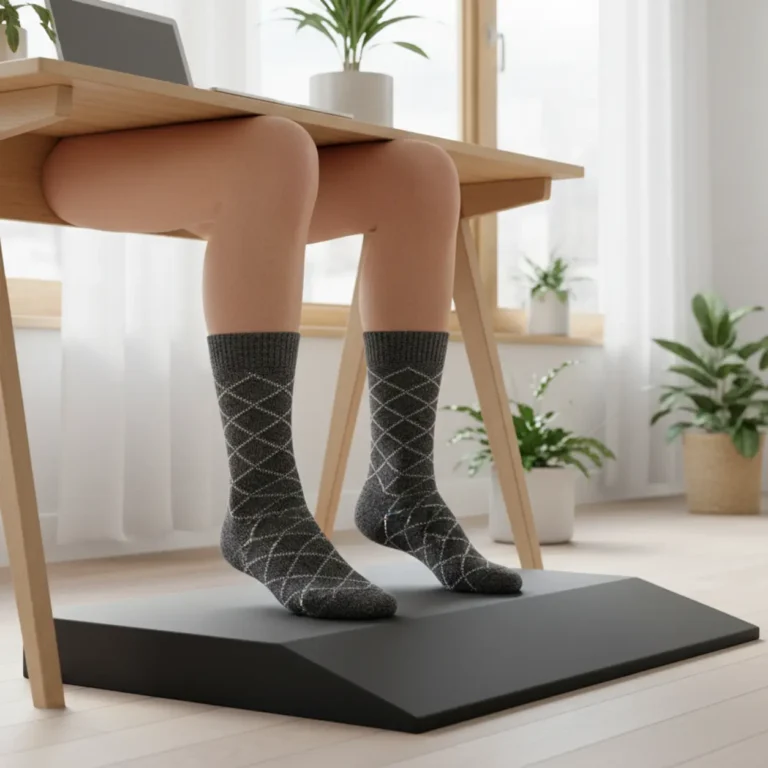 Voeten op een ErgoSlant ergonomische sta mat met helling voor actief staand werken.