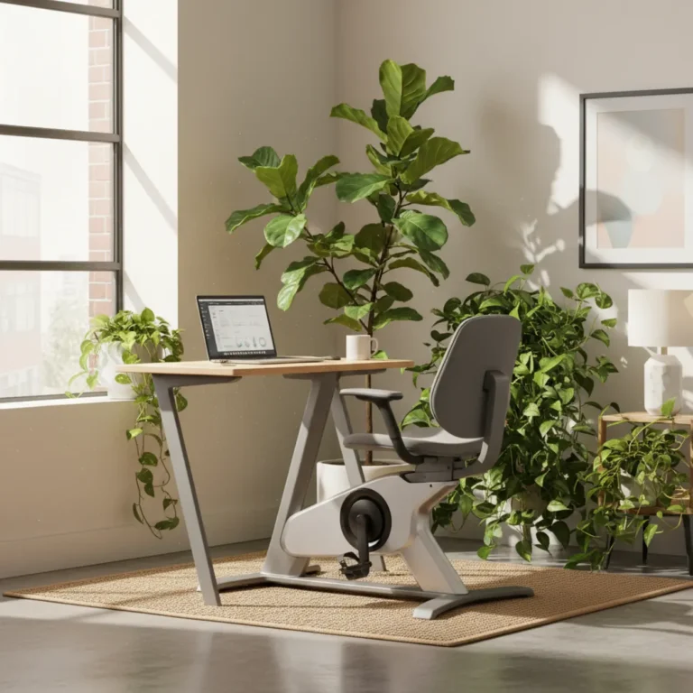 LifeSpan C3 Bike Desk opstelling in een modern thuiskantoor