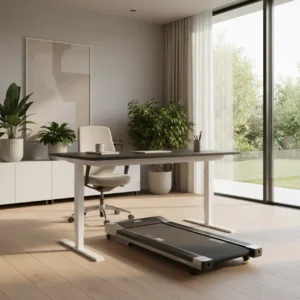 De iMovR ThermoTread GT kantoorloopband geplaatst onder een ergonomisch sta-bureau