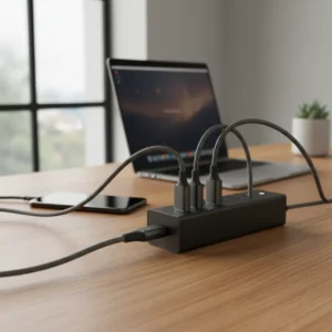 Premium oplader en kabels op een bureau voor uitleg over Volt, Ampère en Watt