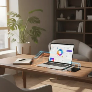 Laptop op een georganiseerde thuiswerkplek die monday.com automatisering en integraties toont.