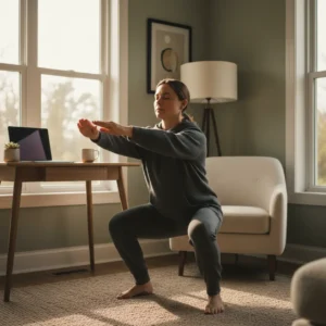 Persoon doet een stille anti-stress workout squat in een modern thuiskantoor voor mentale rust.