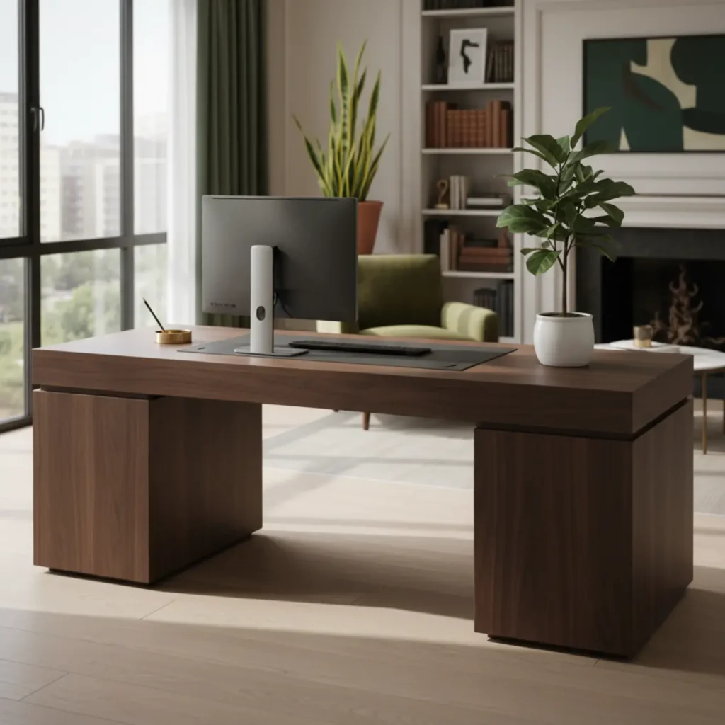 Luxe executive sta-bureau van massief hout in een stijlvolle thuiswerkplek