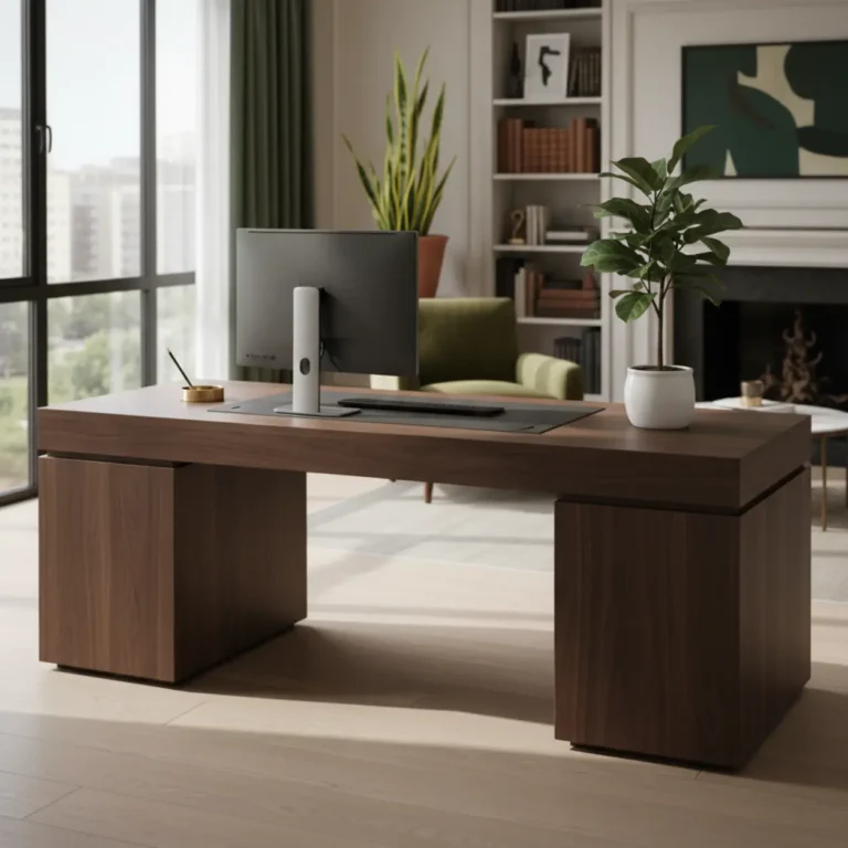 Luxe executive sta-bureau van massief hout in een stijlvolle thuiswerkplek