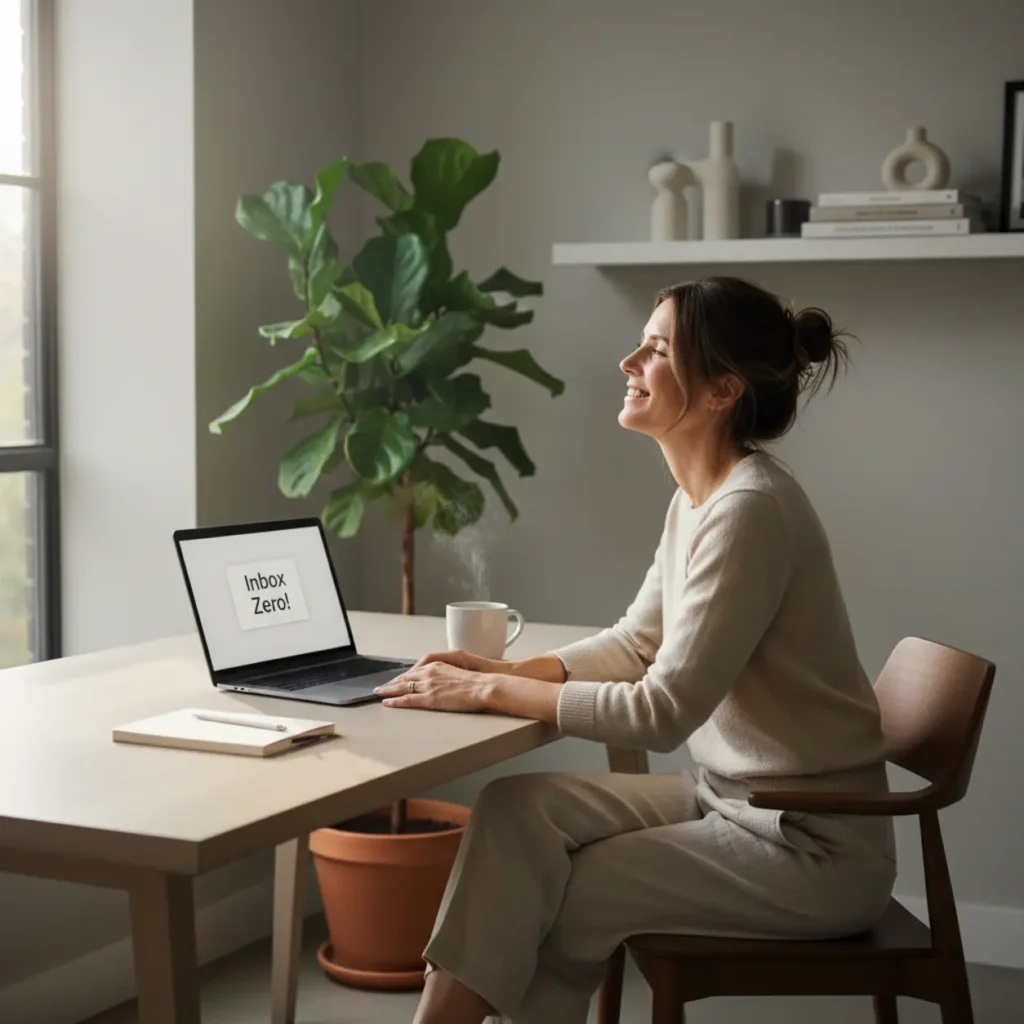 Productieve thuiswerker met een lege inbox door e-mails te sorteren op afzender.