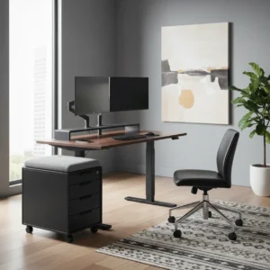 UPLIFT Desk ladeblok met zitkussen onder een modern zit-sta bureau