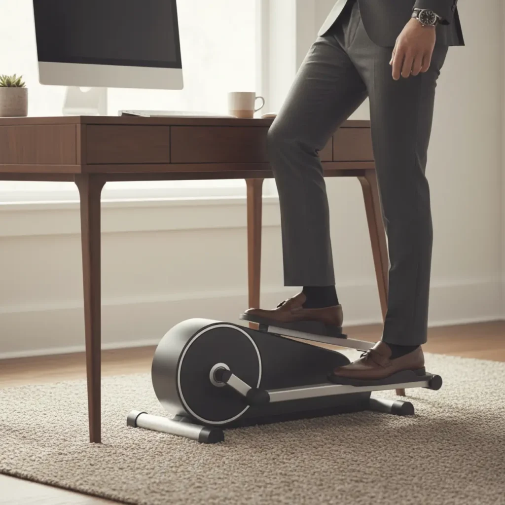 Cubii elliptische trainer in gebruik onder een bureau in een modern thuiskantoor.