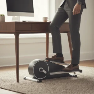 Cubii elliptische trainer in gebruik onder een bureau in een modern thuiskantoor.