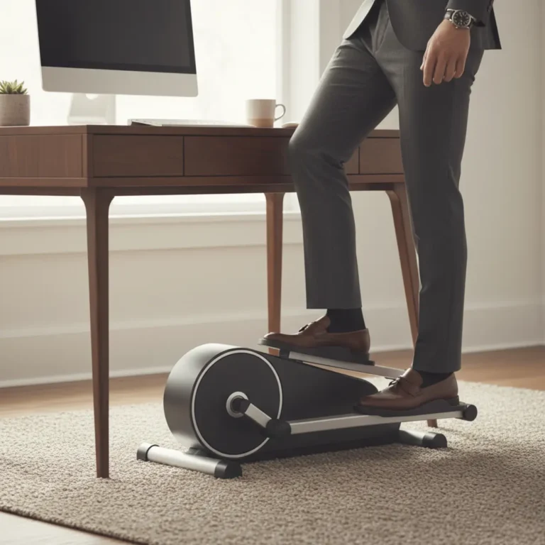 Cubii elliptische trainer in gebruik onder een bureau in een modern thuiskantoor.