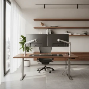 Compleet ingerichte ergonomische werkplek met zit-sta bureau en weggewerkte kabels.