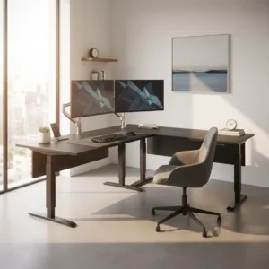 Zwart L-vormig zit-sta bureau in een modern thuiskantoor voor de Autonomous SmartDesk Corner review.