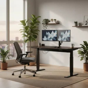 Modern elektrisch sta-bureau in een ergonomisch ingerichte thuiswerkplek