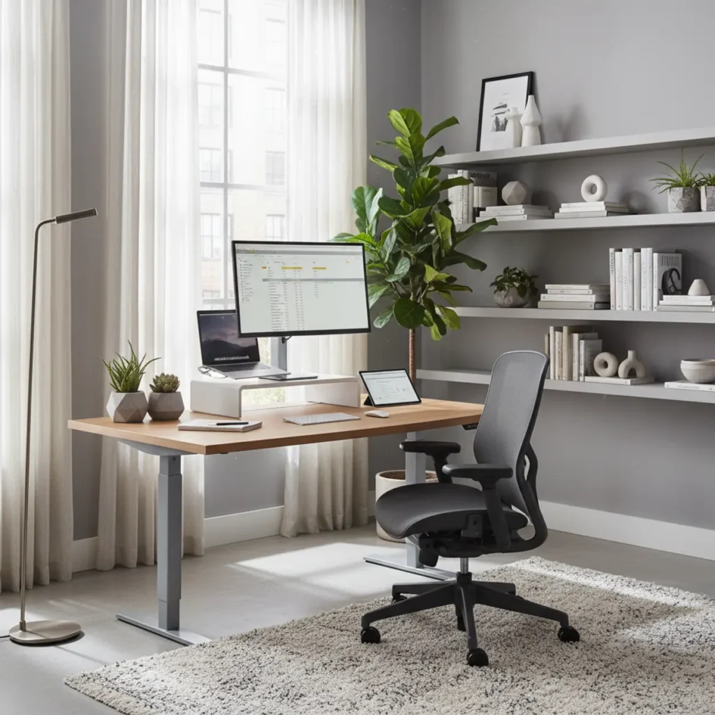 Modern thuiskantoor ingericht met een ergonomische bureaustoel en zit-sta bureau voor een gezonde werkhouding.