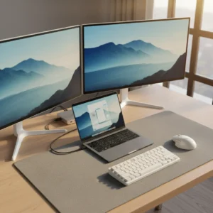 Modern bureau met laptop docking station en twee monitoren voor een ergonomische thuiswerkplek