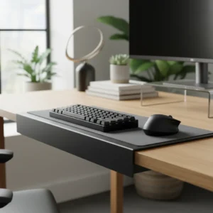 Ergonomische Fellowes sit stand keyboard tray gemonteerd onder een bureau voor een betere werkhouding.