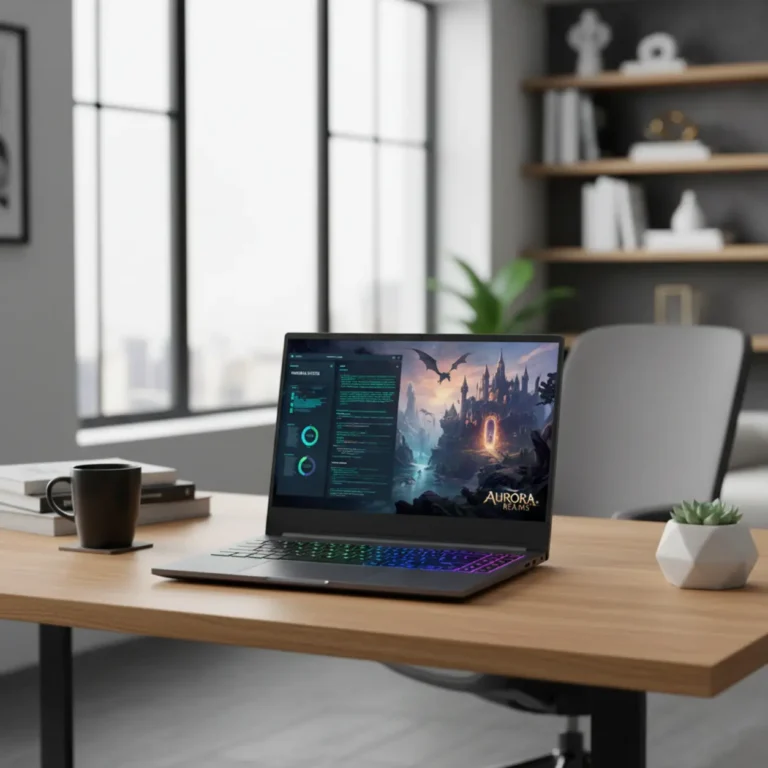 Moderne gaming laptop uit 2025 op een thuiswerkplek, geschikt voor zakelijk gebruik en gaming.